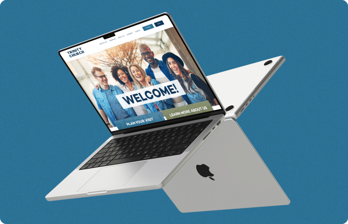 Trinity Church nonprofit web design homepage showing Give button in primary navigation, ministry sections for Real Men, Real Women, Students, Kids, Young Adults, and Serve call to action