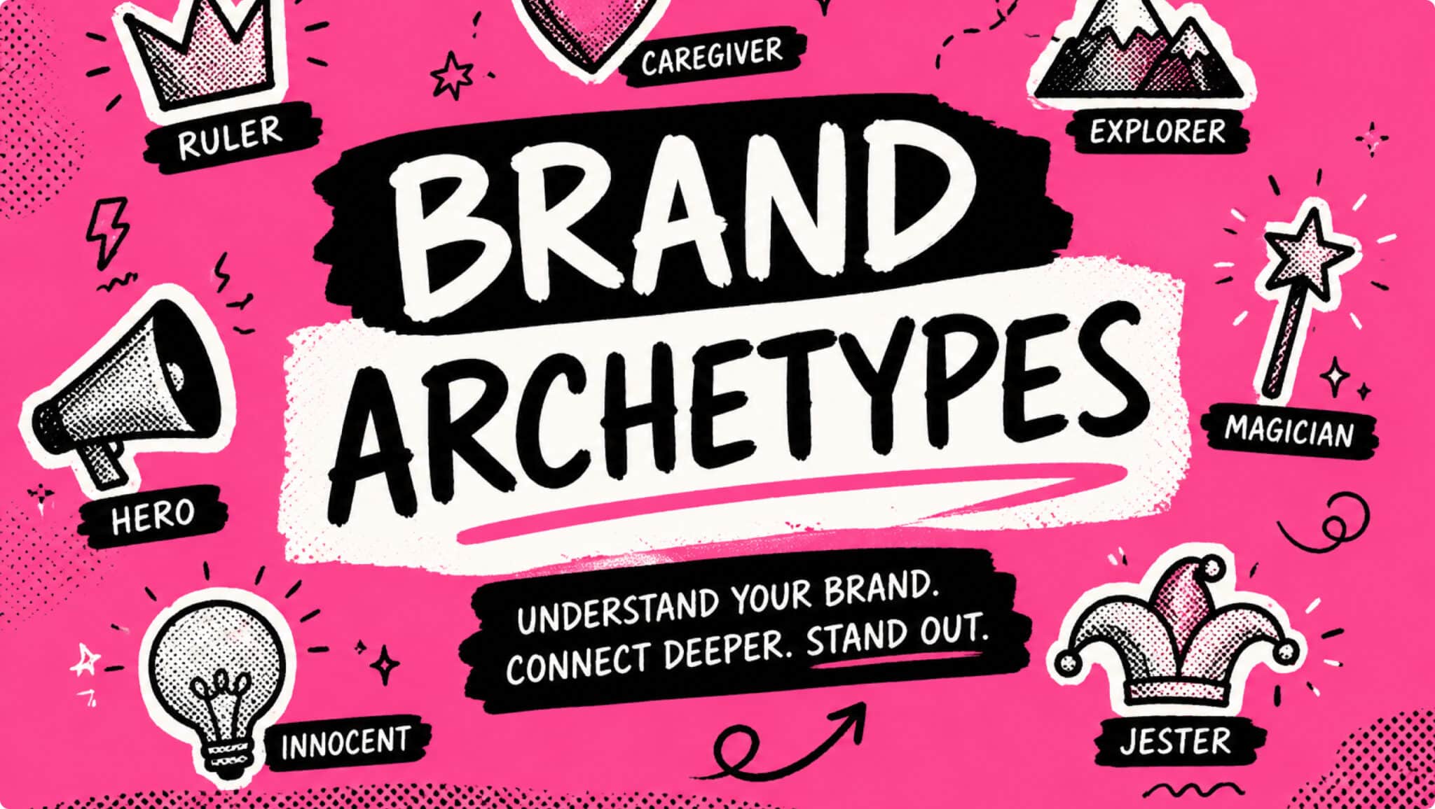 Illustrated guide to the 12 brand archetypes including the Ruler, Hero, Innocent, Caregiver, Explorer, Magician, and Jester with the tagline Understand Your Brand Connect Deeper Stand Out