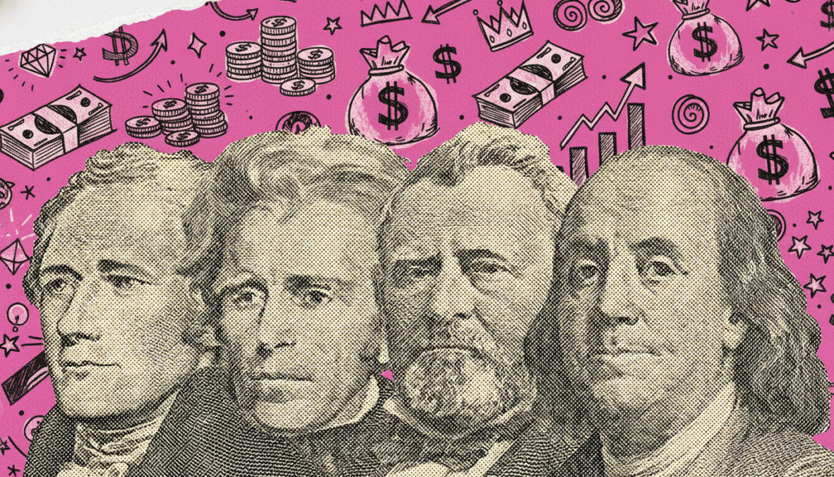 is a design retainer worth it -- founding fathers surrounded by money icons on a pink background