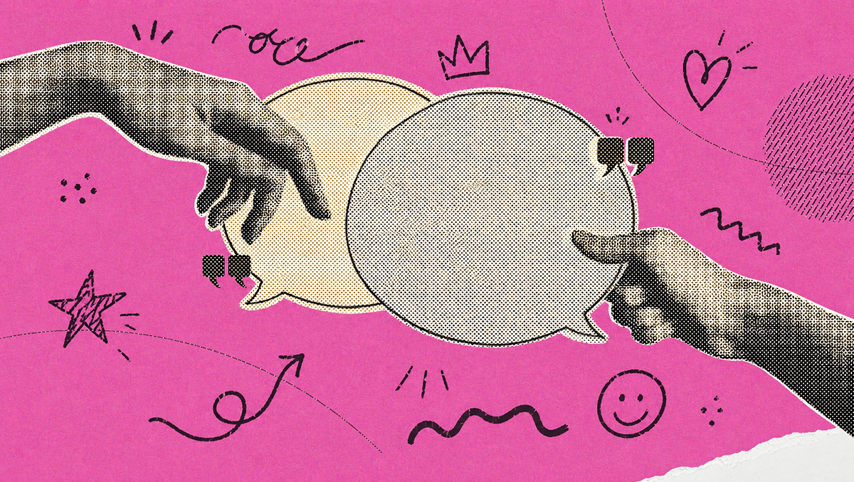 Two halftone hands pointing at speech bubbles surrounded by doodled stars, crowns, hearts, and arrows on a hot pink background — illustrating social media conversation and engagement for the Studiolit small business social media guide.