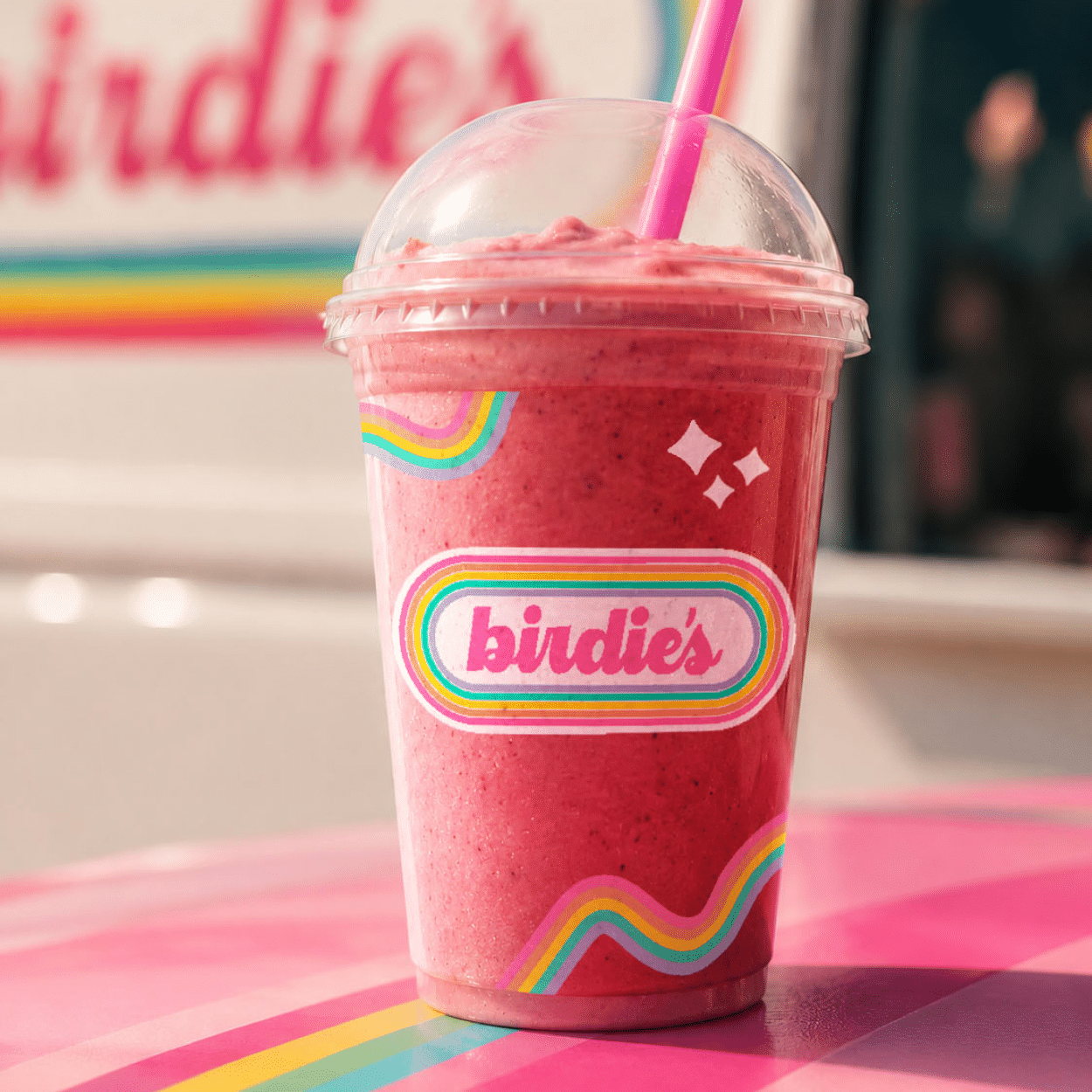 Birdie's branded drink cup with rainbow logo badge and wave pattern, truck signage visible in background