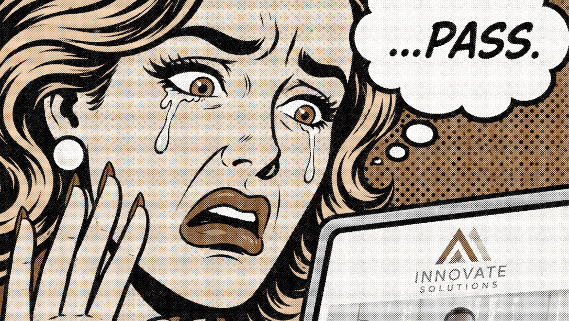 Pop art illustration of a woman crying at a laptop displaying a generic logo, with a thought bubble reading "…PASS." — depicting what makes a brand look premium and how buyers decide in seconds.