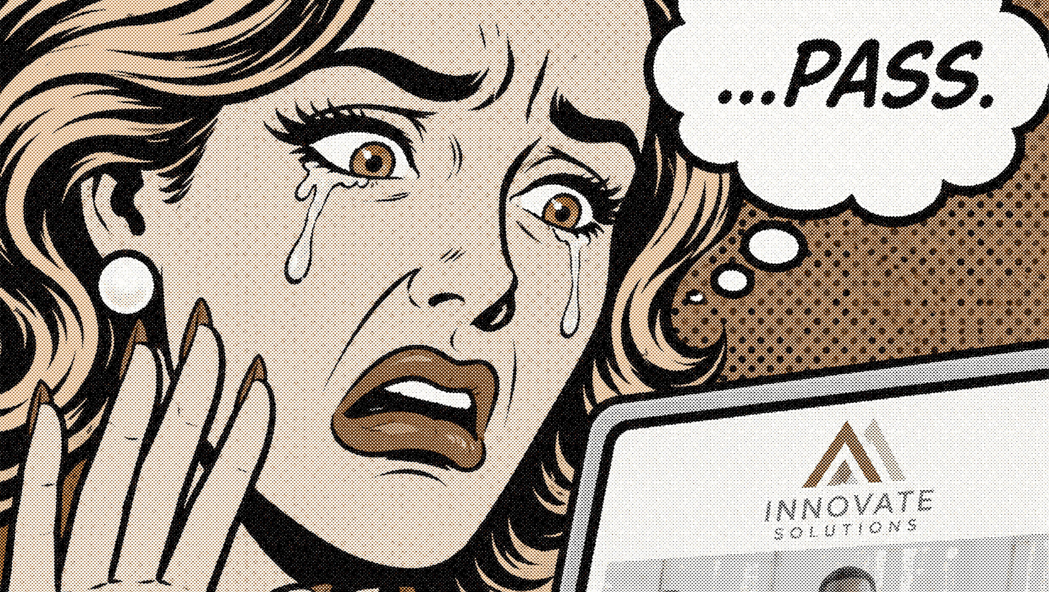 Pop art illustration of a woman crying at a laptop displaying a generic logo, with a thought bubble reading "…PASS." — depicting what makes a brand look premium and how buyers decide in seconds.