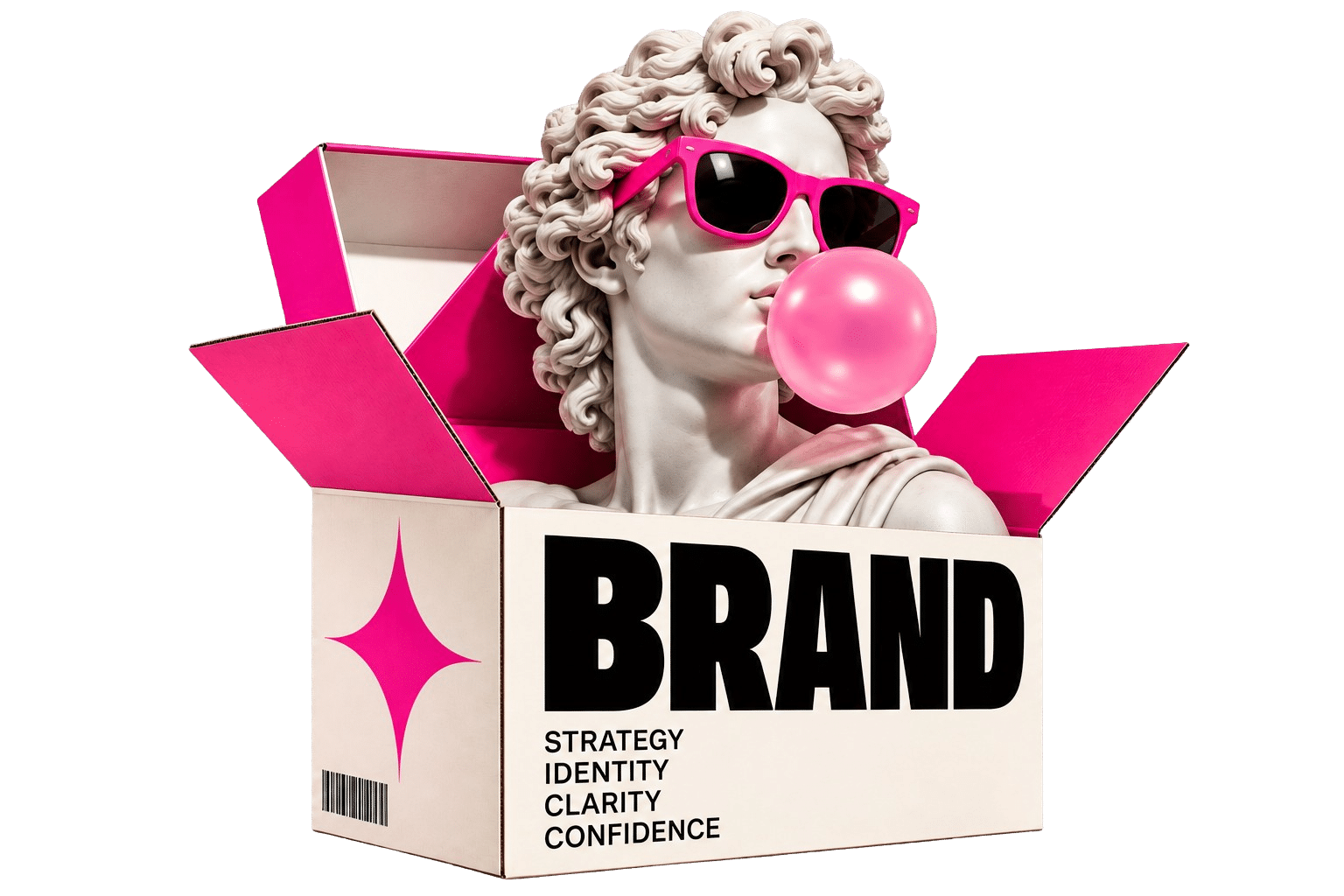 Classical statue with pink sunglasses and bubblegum emerging from a branding packages